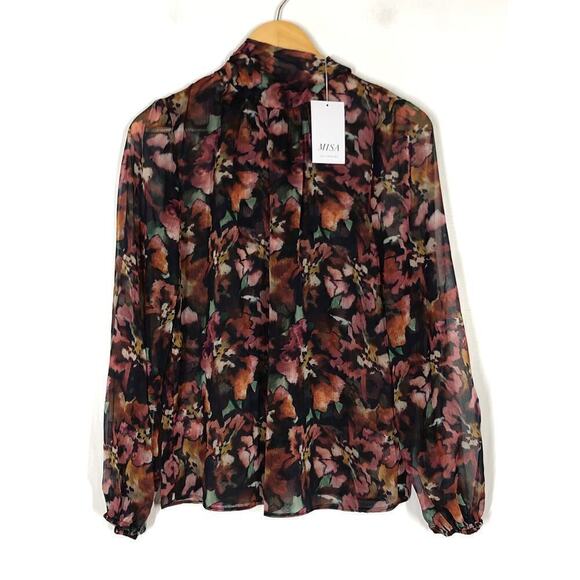 Misa Lulu Top Floral Tie Neck Long Sleeve Blouse Libra Fleur Chiffon NWT Small - Picture 4 of 8